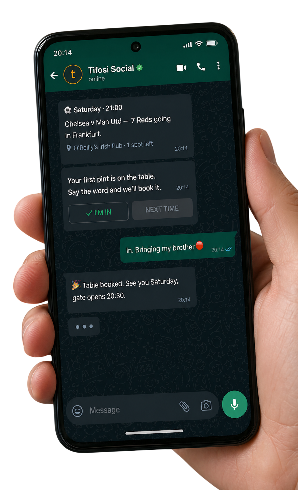 Tifosi Social WhatsApp event message preview