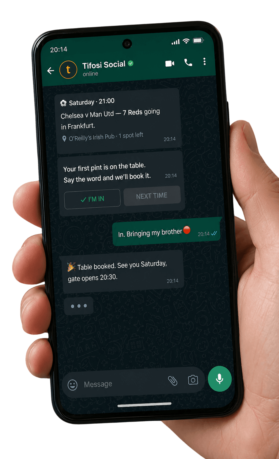Tifosi Social WhatsApp event message preview
